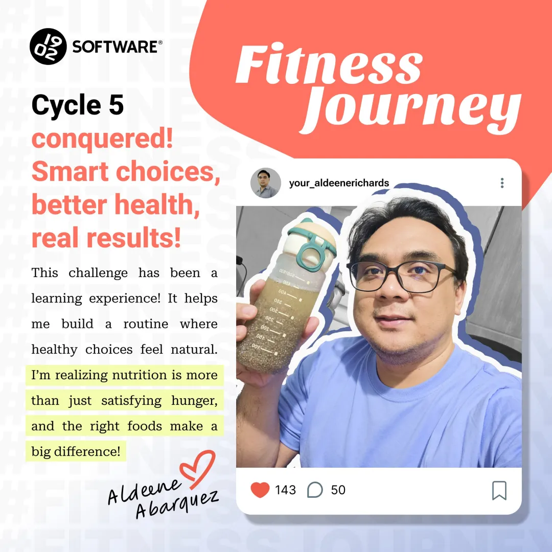 Aldeene Abarquez holding a water bottle, text about conquering Cycle 5 of a fitness journey and realizing nutrition's importance.