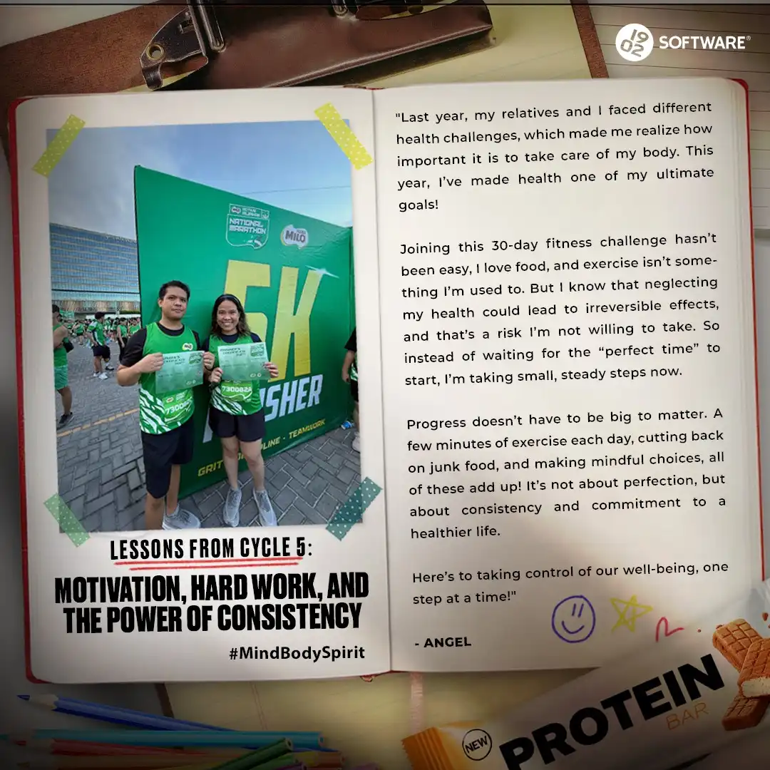 Two people holding certificates in front of a green 5K Finisher banner with text about motivation, hard work, and consistency by Angel sharing a 30-day fitness challenge experience.