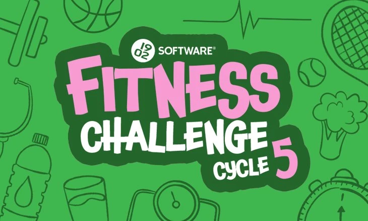 1902 Software Fitness Challenge Cycle 5 text with fitness icons like dumbbell, basketball, stethoscope, water bottle, scale, tennis racket, stopwatch, and broccoli on green background.