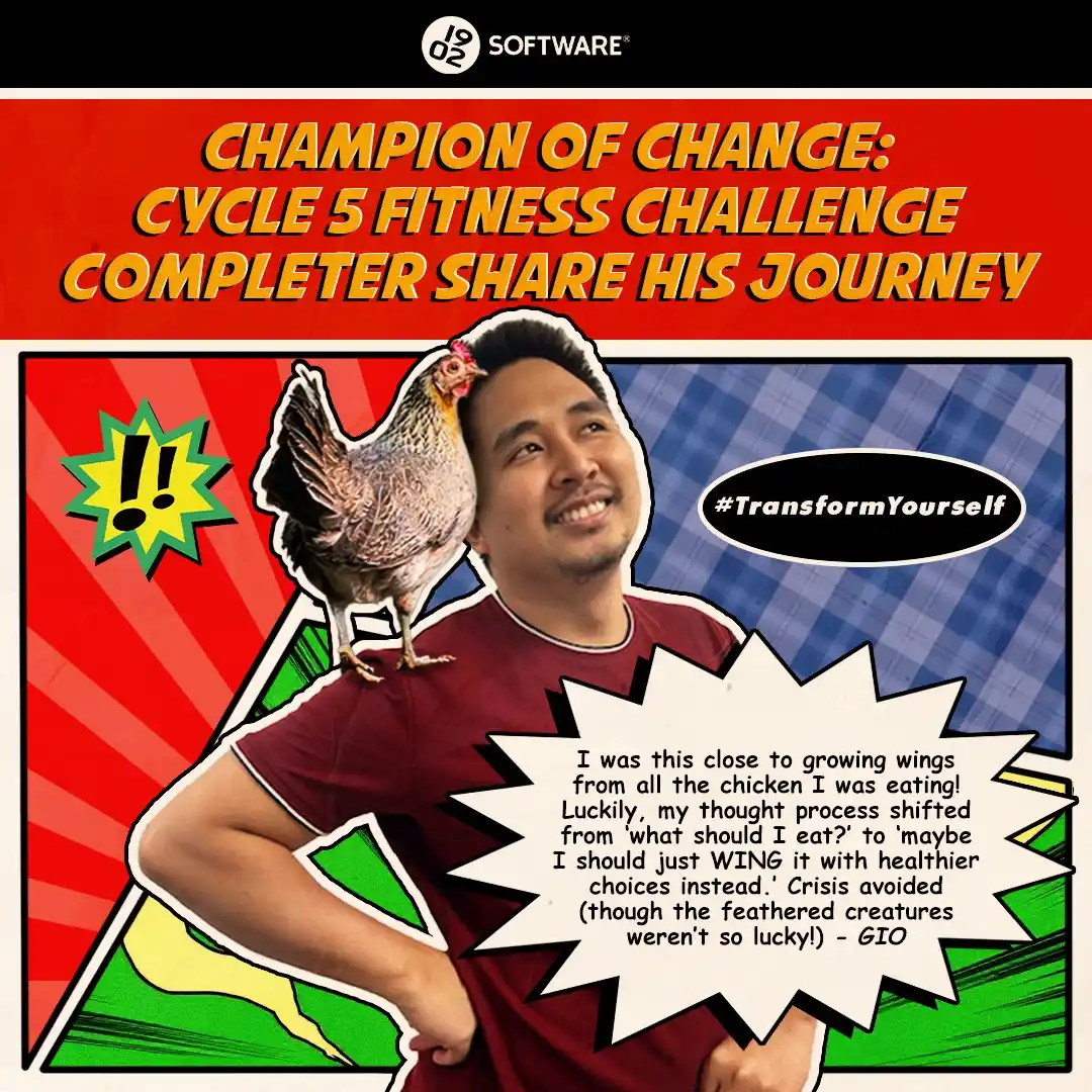 Champion of Change Cycle 5 Fitness Challenge completer Gio with a chicken on his shoulder and a quote about healthier choices.