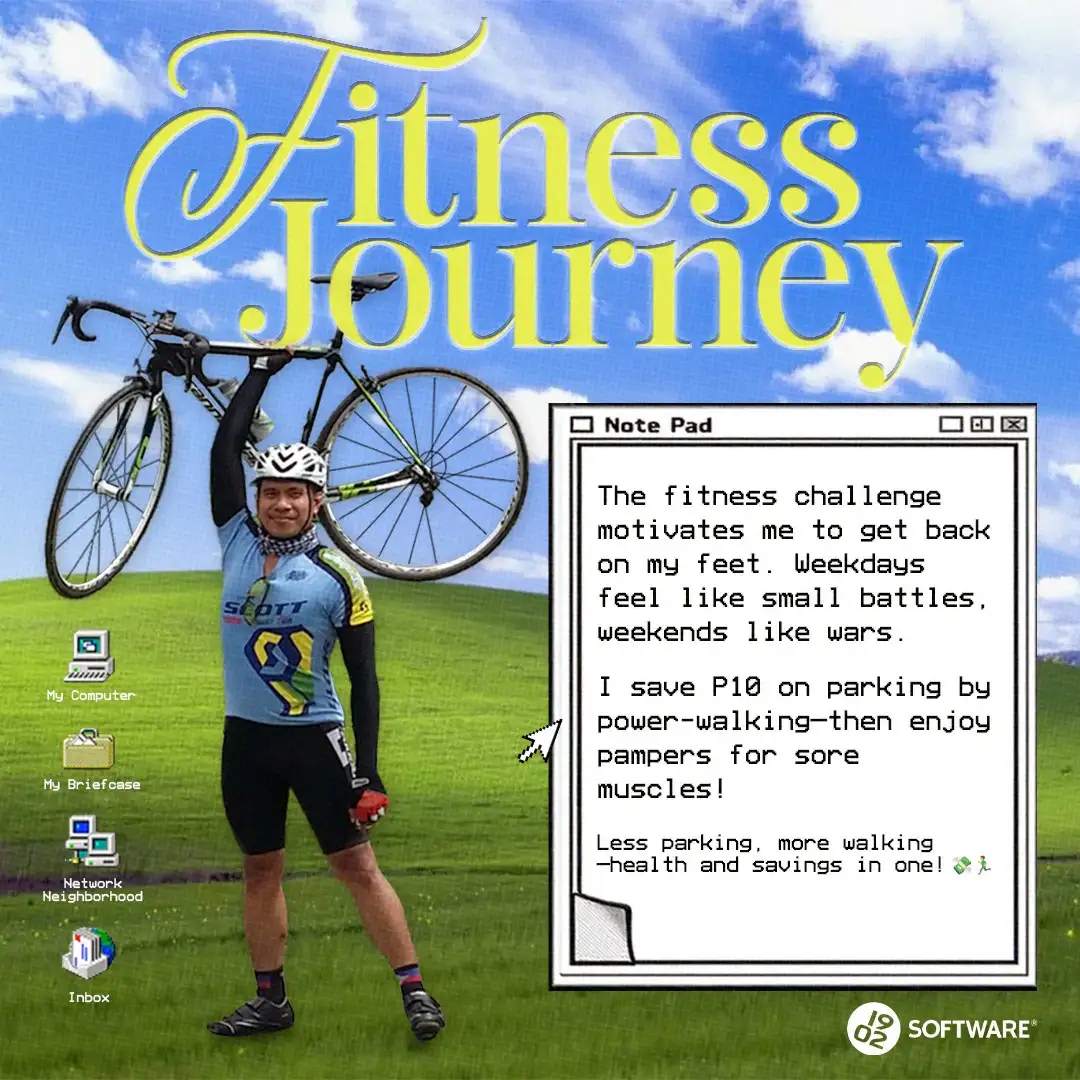 Cyclist in gear holding bike overhead on grassy hill with text "Fitness Journey" and a note about saving on parking by power-walking.