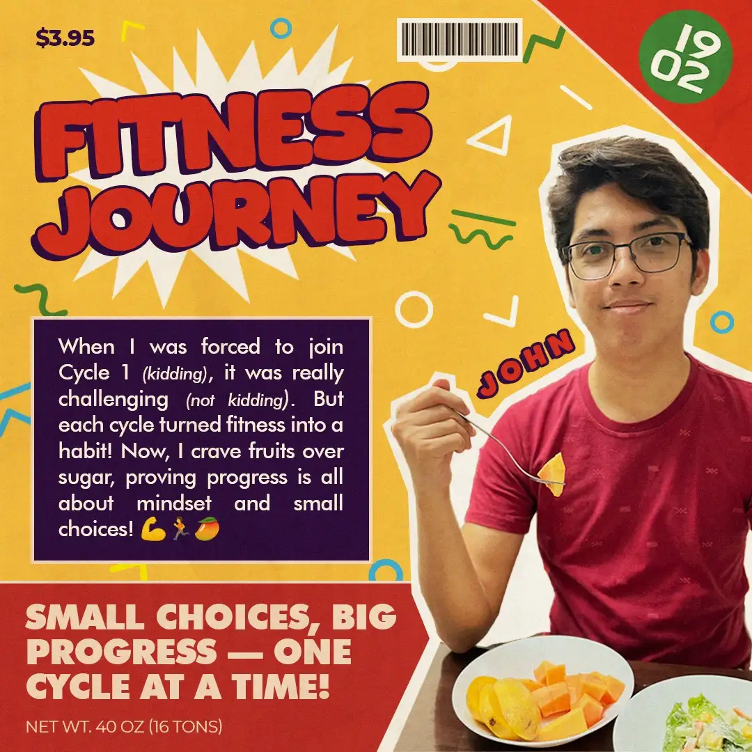 John holding a fork with fruit, text about his fitness journey and progress through small choices.