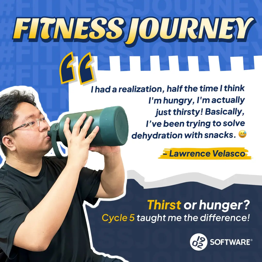 Lawrence Velasco drinking from a large green water bottle with a quote about confusing thirst for hunger and Cycle 5 fitness program branding.