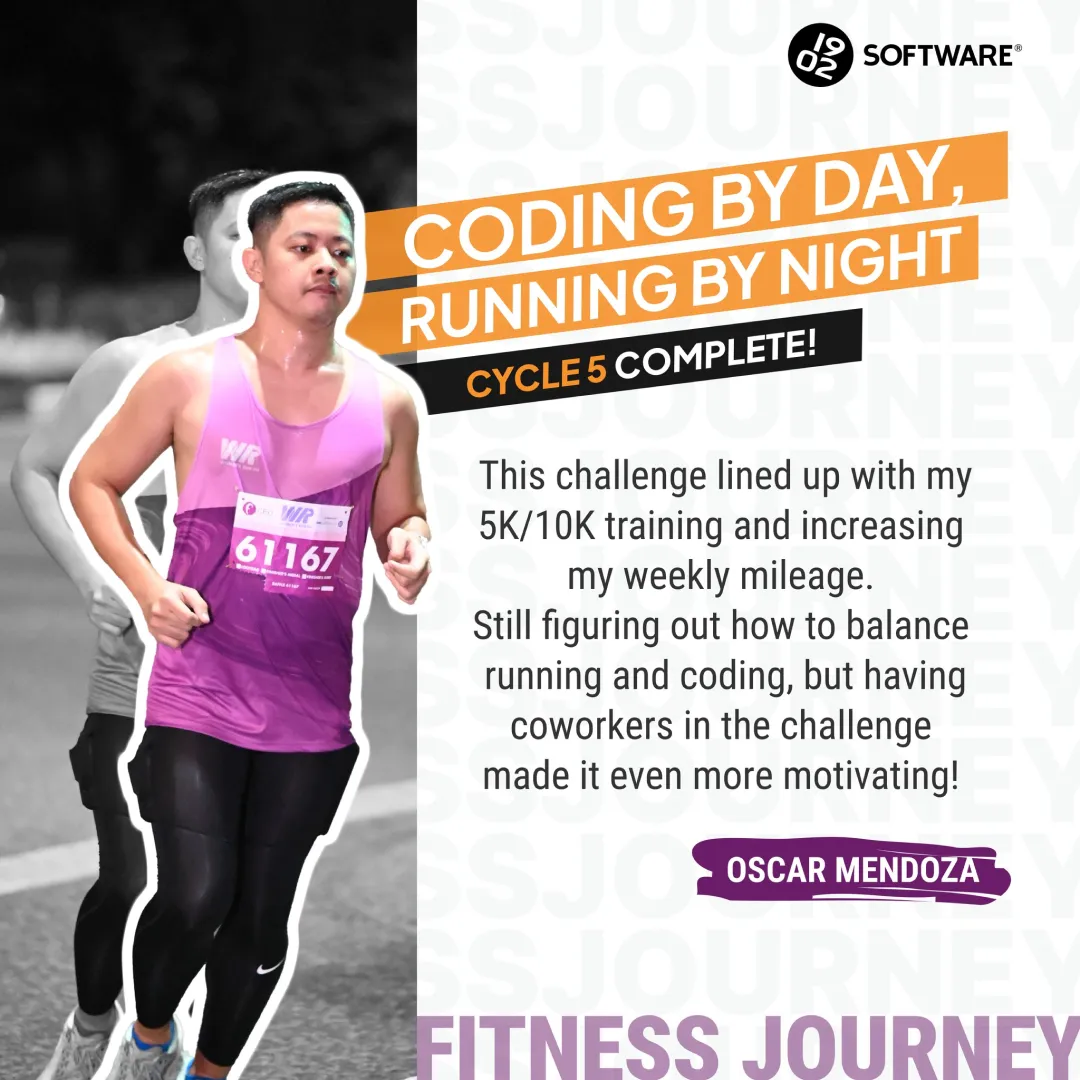 Runner Oscar Mendoza in purple tank top with race bib 61167, text about completing Cycle 5 of coding and running challenge.