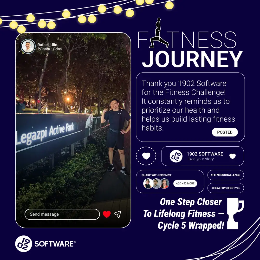 Rafael Ulic at Legazpi Active Park at night, thanking 1902 Software for the Fitness Challenge and promoting lifelong fitness.