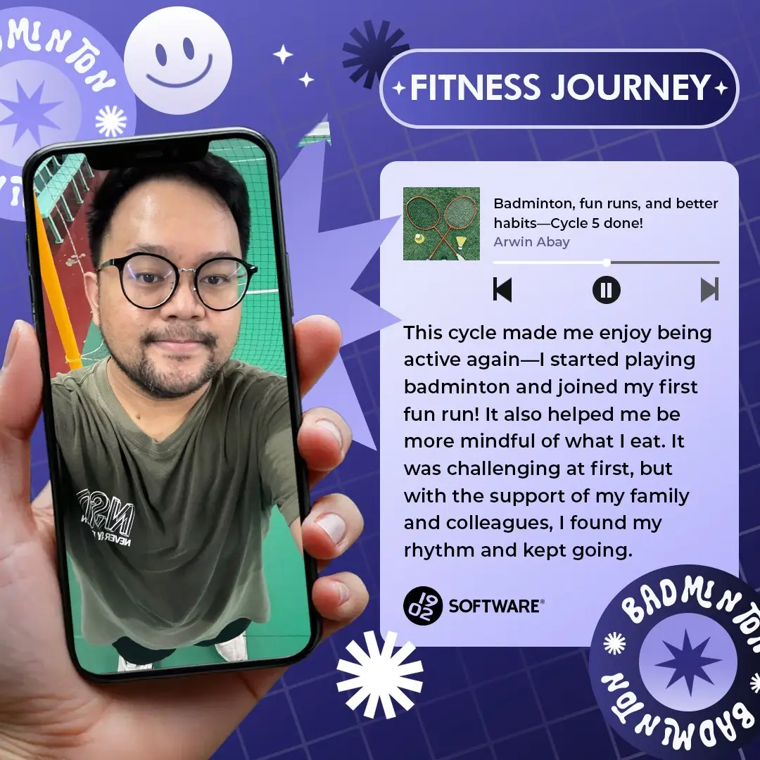 Fitness Journey graphic featuring Arwin Abay's story about playing badminton, fun runs, and better habits with a smartphone selfie on a badminton court.