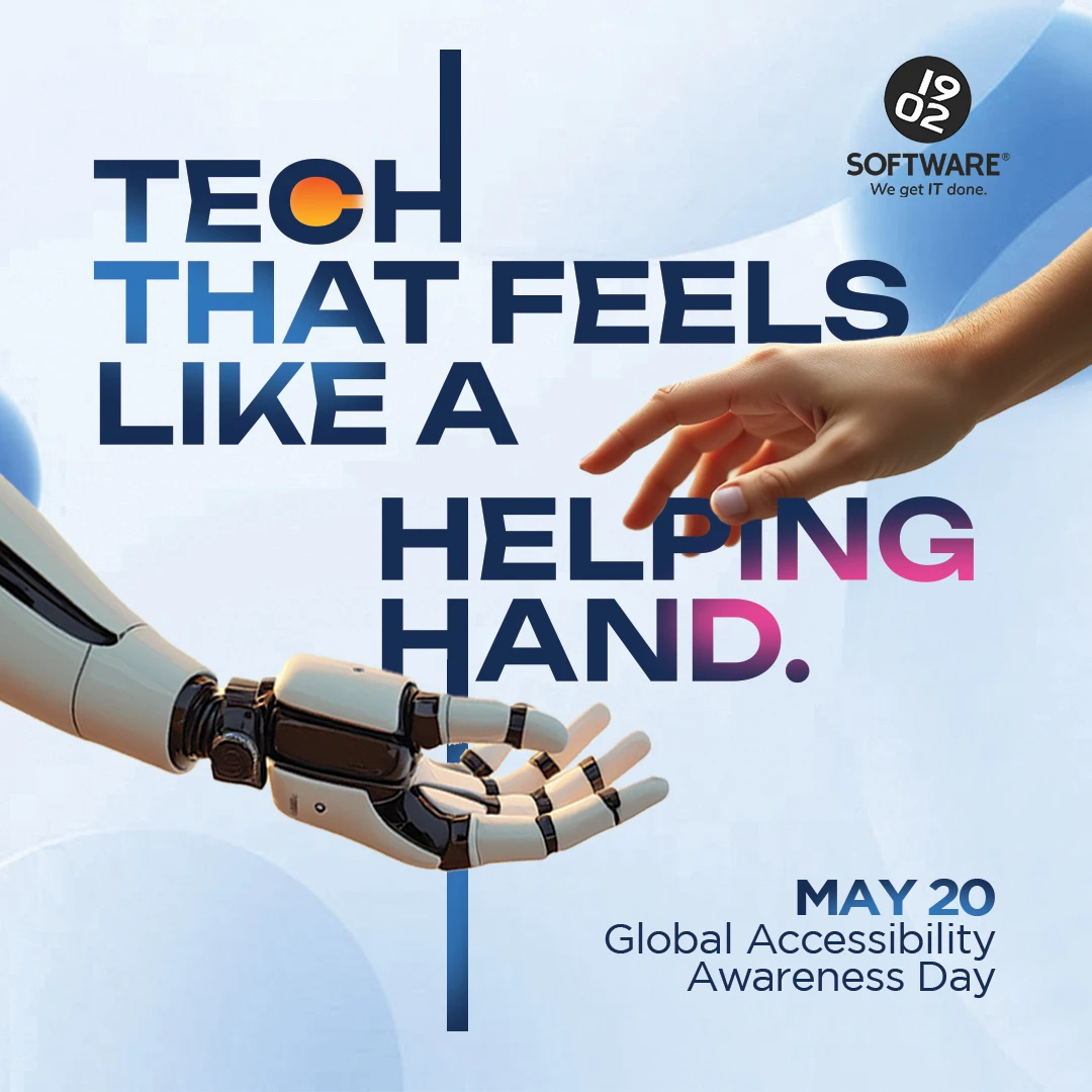 Tech that feels like a helping hand with a robotic and human hand reaching toward each other, Global Accessibility Awareness Day May 20 text