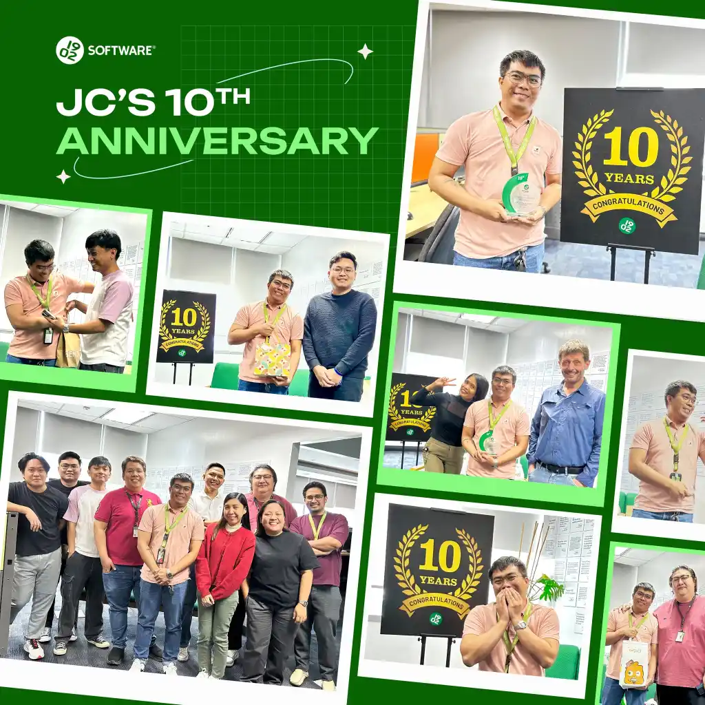 JC's 10th anniversary celebration collage showing JC with a 10 years congratulations sign, award, gift, and group photos with colleagues.