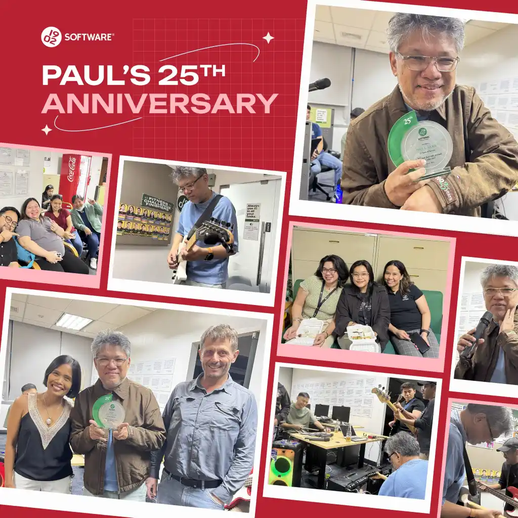 Paul's 25th anniversary celebration at 1902 Software with Paul holding an award and playing guitar, surrounded by colleagues.