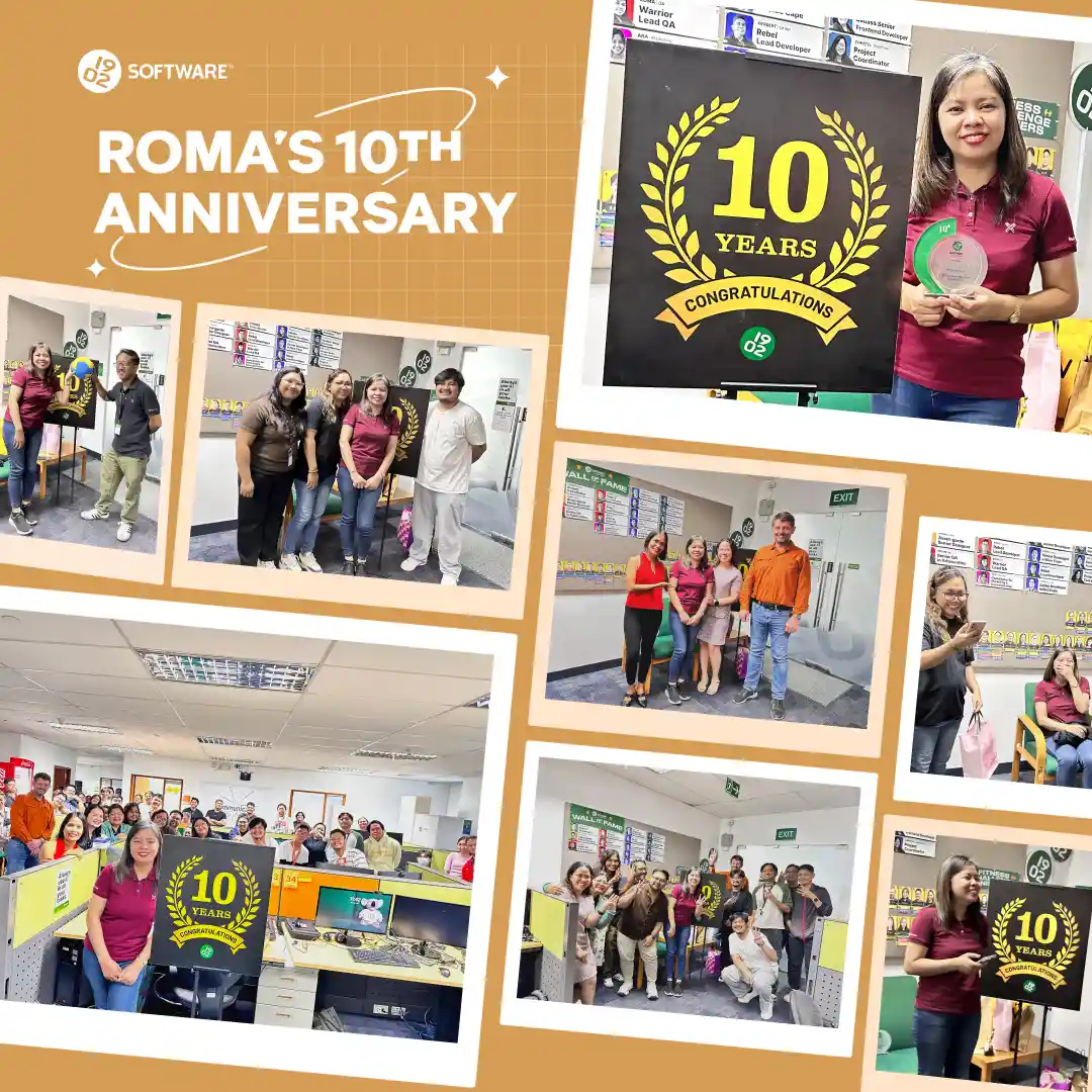 Roma's 10th anniversary collage with multiple photos of Roma holding a 10 years congratulations plaque and group celebrations at 1902 Software office