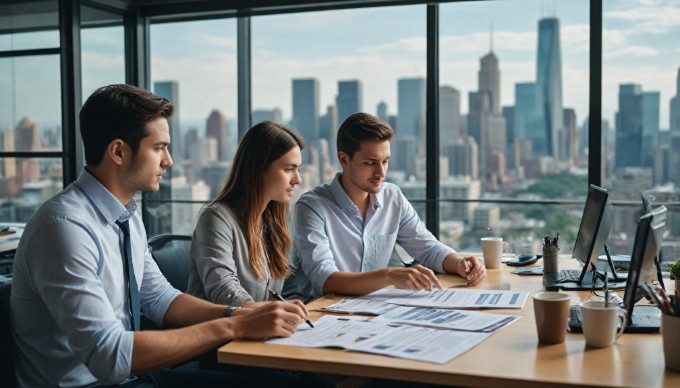 A group of diverse professionals collaborating at a modern office desk, analyzing app optimization strategies on a computer screen.
