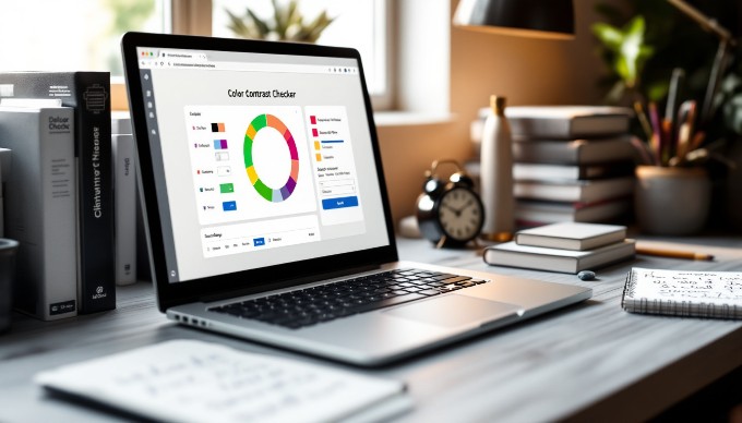 A close-up of a computer displaying a color contrast checker tool for graphic design accessibility.