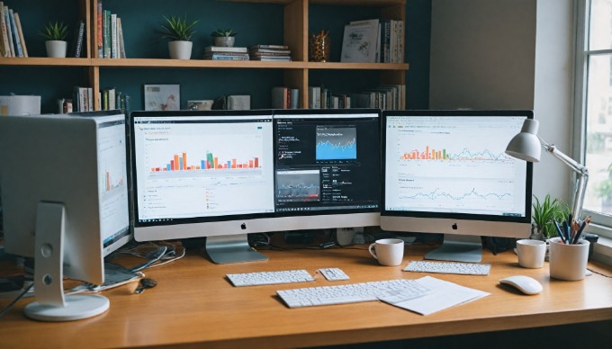 A person configuring Google Analytics settings on a computer in a bright workspace.