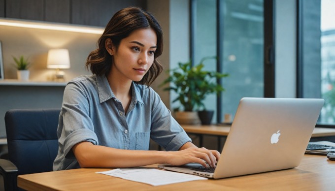 A professional woman customizing a WooCommerce checkout page on her laptop in a modern office setting.