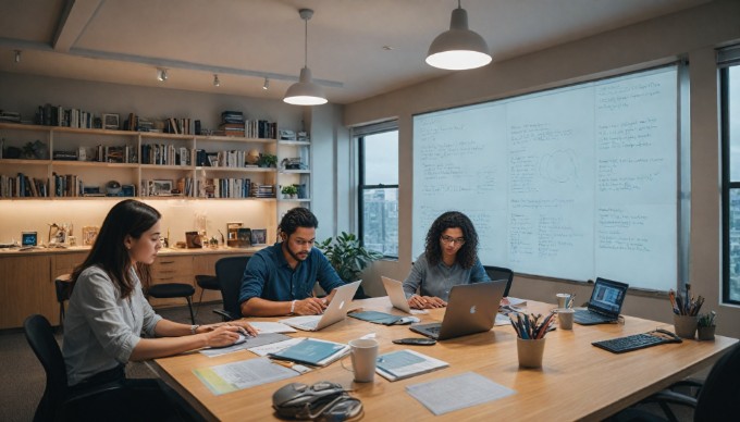 A professional setting where a diverse group of individuals collaborates on customizing WooCommerce product pages using laptops.