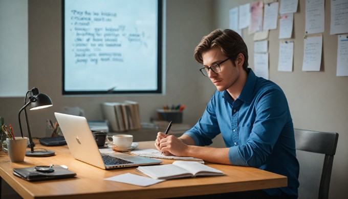 A professional setting where a team member customizes WooCommerce email templates on a laptop, surrounded by design tools and notes.