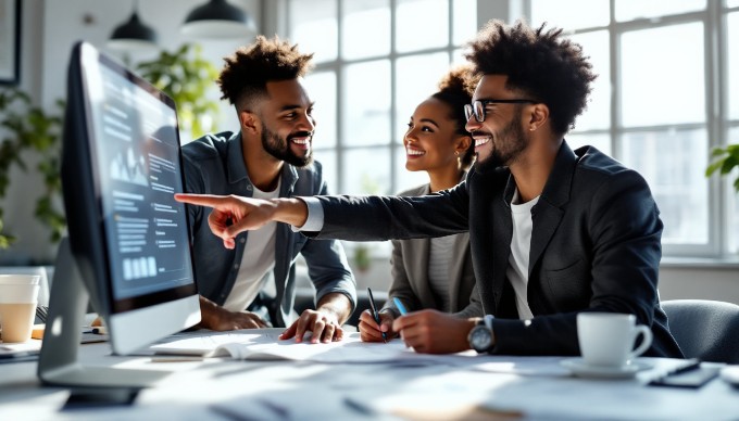 A designer reviewing accessibility guidelines on a computer in a modern office setting.