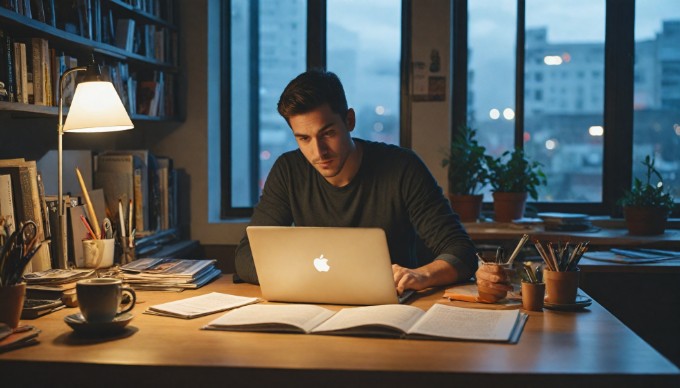 A focused Shopify developer coding a theme using Liquid in a stylish home office.