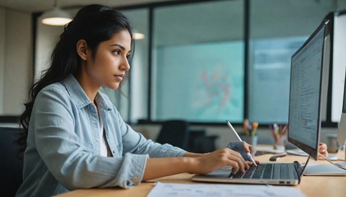 A developer working on a laptop in a modern office, analyzing WooCommerce REST API data.