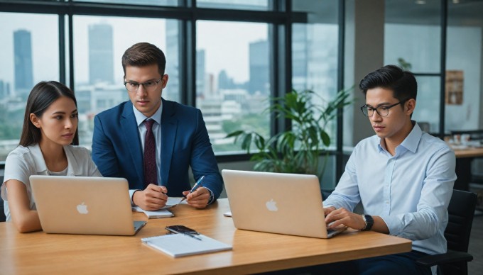 A professional setting where two people are discussing eCommerce strategies over a laptop in a modern office.