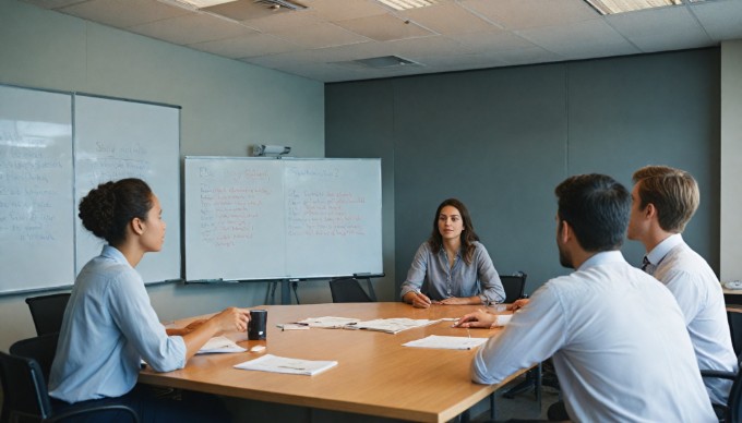 An entrepreneur discussing eCommerce strategies with a team in a bright conference room.