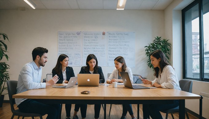 A diverse group of freelance developers collaborating on Shopify theme design in a modern office space.