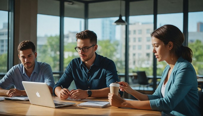 A professional setting showing a diverse group of people collaborating over a laptop in an office environment.