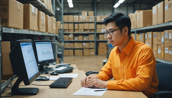 A close-up of a person managing inventory on a computer, with shipping boxes and a warehouse in the background.