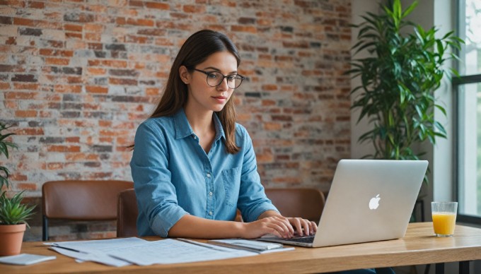 A business professional reviewing keyword analysis data on a laptop in a vibrant workspace.
