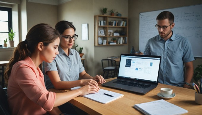 A professional setting showing two people collaborating on a computer for Magento installation.