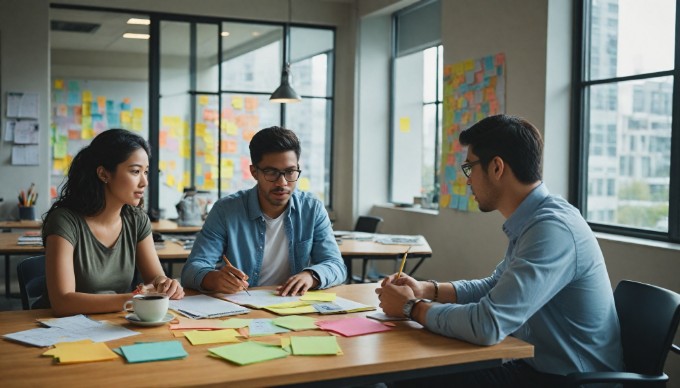 A diverse group of individuals collaborating over a mobile app design project at a modern office workspace.