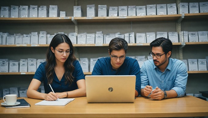A professional setting showing two people analyzing data on a laptop, surrounded by papers and a coffee cup on a desk, with natural lighting illuminating the room.