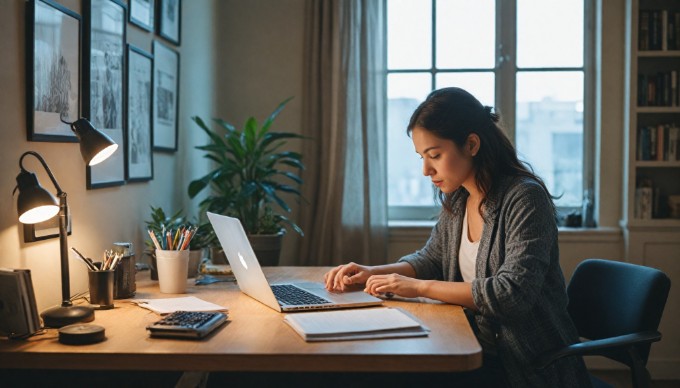 A person using phpMyAdmin on a laptop in a cozy office space, focused on backing up a WordPress database.