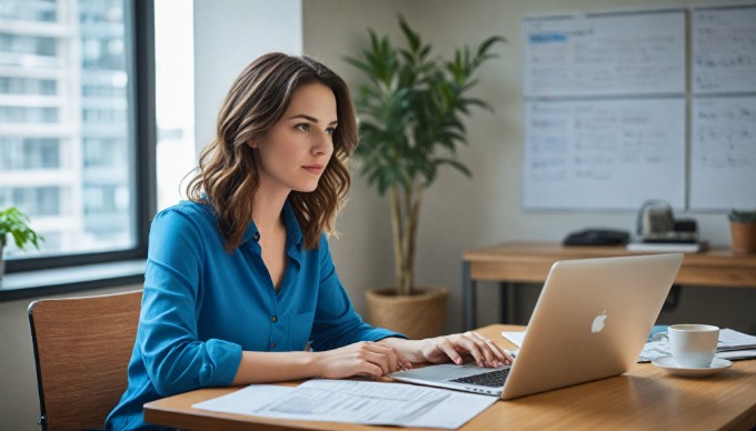 A professional looking at a computer screen while working on Umbraco CMS in a modern office setting.