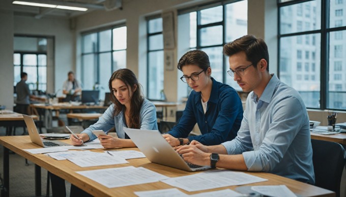 A team collaborating on requirements documentation in a bright workspace.