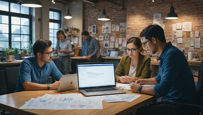 A group of people discussing shipping strategies in a collaborative workspace, with charts and a laptop in front of them.