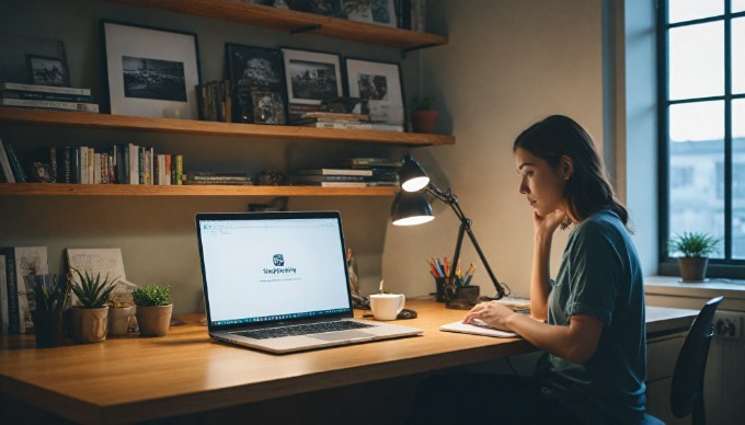A person installing a Shopify app on a laptop with a focused expression, surrounded by a modern office setup with a coffee cup and notepad on the desk.