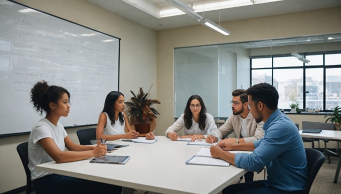 A diverse group of individuals discussing Shopify app options around a table with laptops and tablets, sharing insights with enthusiasm.