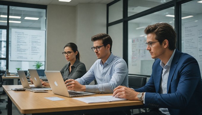 A professional setting with two people discussing Shopify optimization strategies while looking at a laptop on a modern office desk.