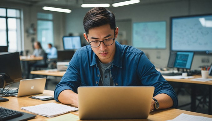A software engineer working on laptop, testing deployment processes in a bright office environment.