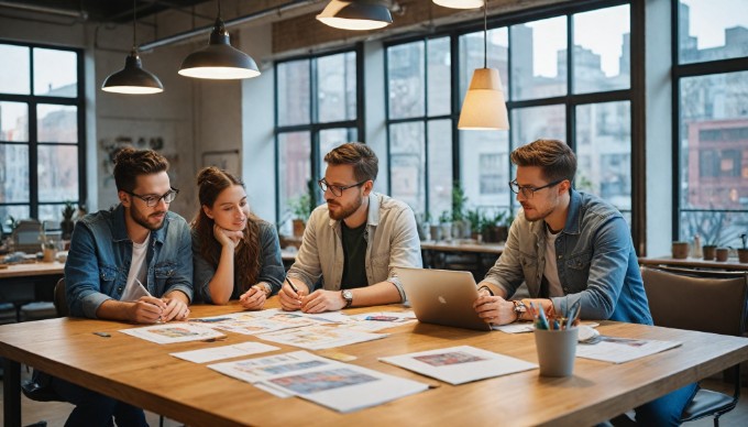 A group of Shopify designers discussing a project in a creative workspace.