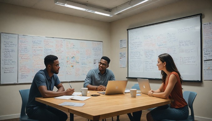 A diverse group of people brainstorming ideas over a table filled with laptops and marketing materials in a collaborative workspace.