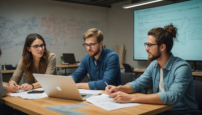 A team collaborating on app development in a creative workspace.