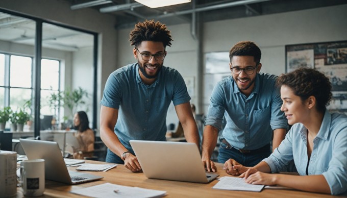 A team collaborating on code refactoring in a bright office space.