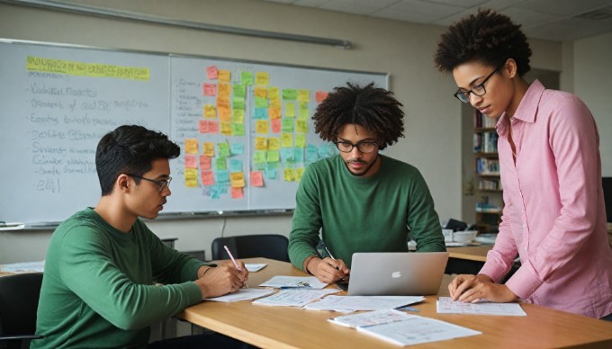 A diverse team collaborating on a project involving Umbraco CMS in a bright office.