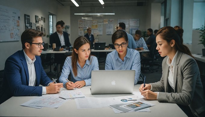 A professional setting with a diverse group of individuals collaborating over a laptop, discussing an ecommerce strategy.