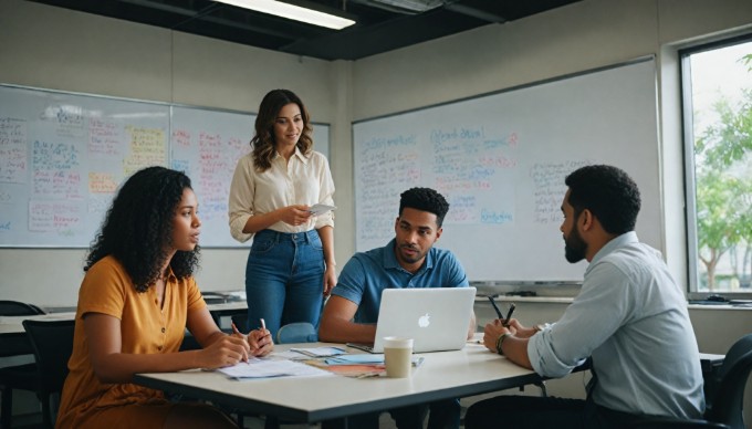 A diverse team collaborating on product data import in an office environment, discussing over a laptop.