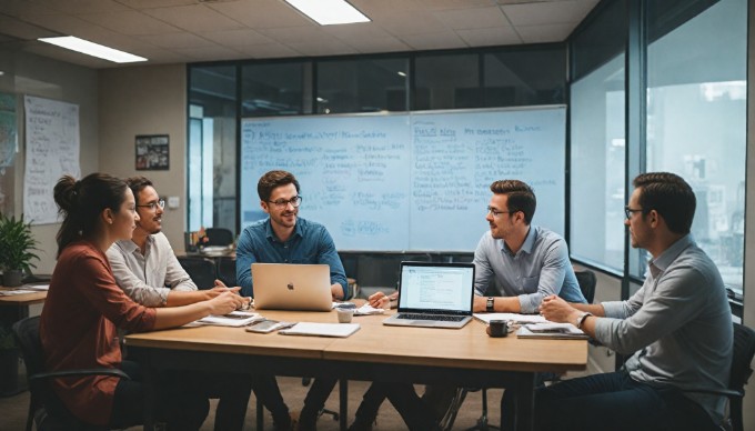 A team discussing WordPress database management in a collaborative workspace.