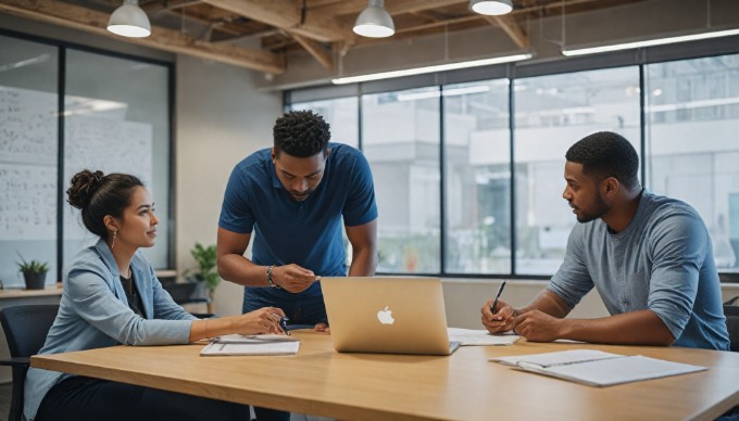 A team discussing e-commerce integration strategies in a bright conference room.