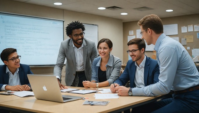 A diverse team collaborating on eCommerce solutions at a conference table.